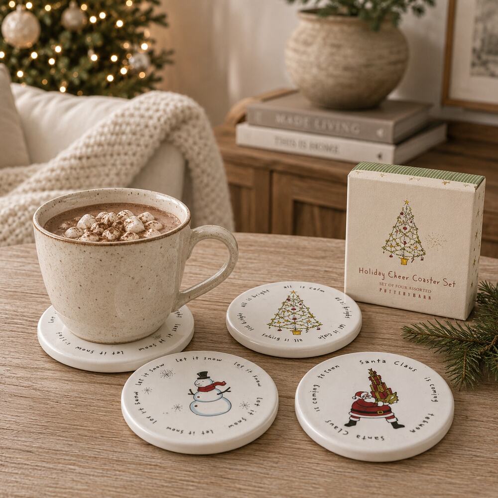 Pottery Barn Holiday Cheer Christmas Coaster Set of 4 Ceramic Cork w/ Box